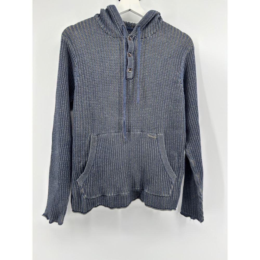 Volcom Mens Blue Ribbed Knit Henley Hoodie Sweater Small Marled Pullover